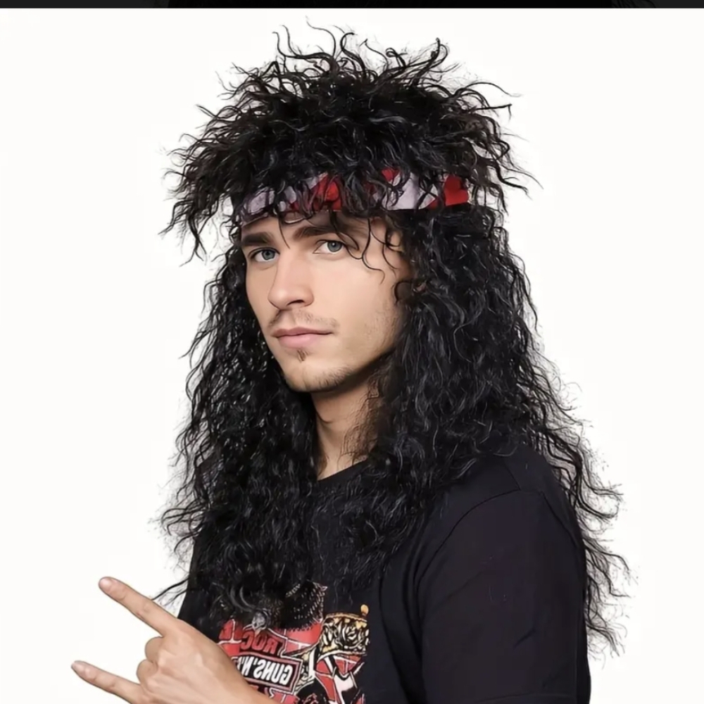 Rocker Costume Long Black Wig Heavy Metal Biker Festival Tattoo Sleeves Cosplay - Picture 11 of 11